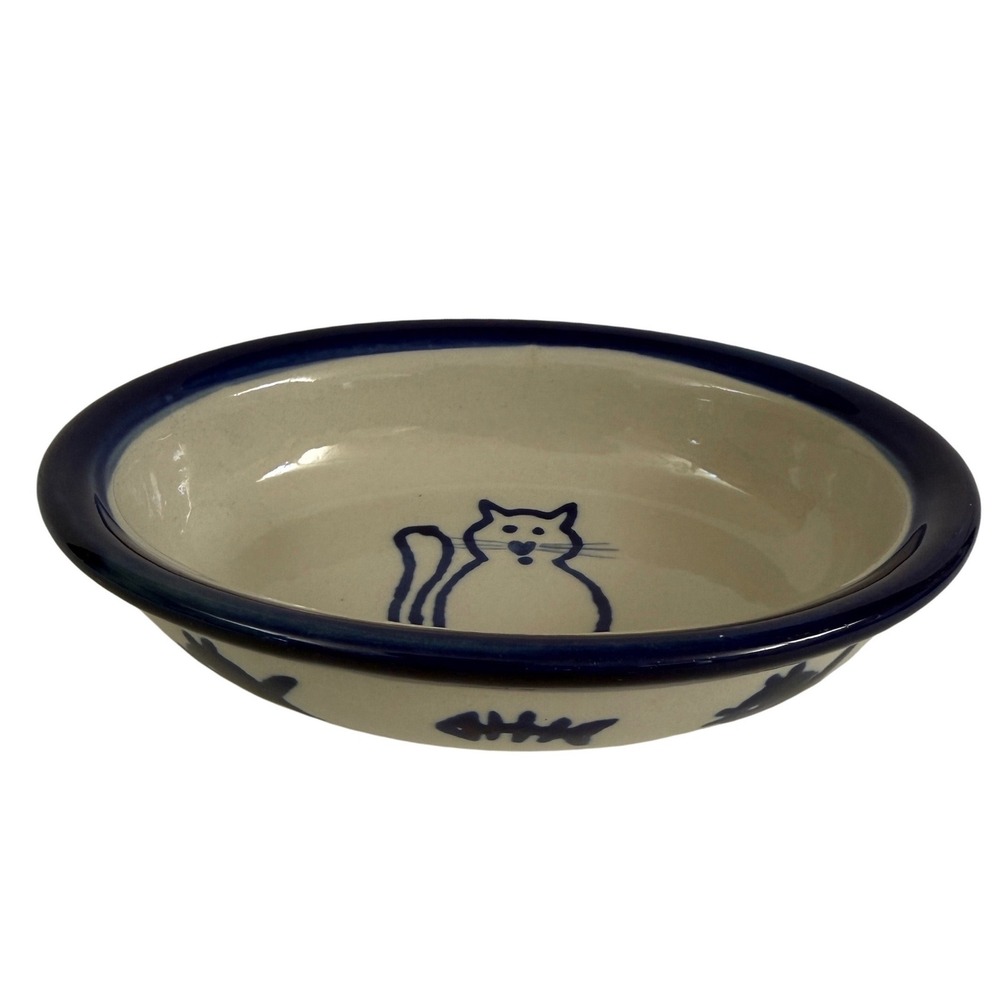 Boots & Barkley Hand Painted Stoneware Cat Food Bowl Blue‎ Fish Oval 6.5"